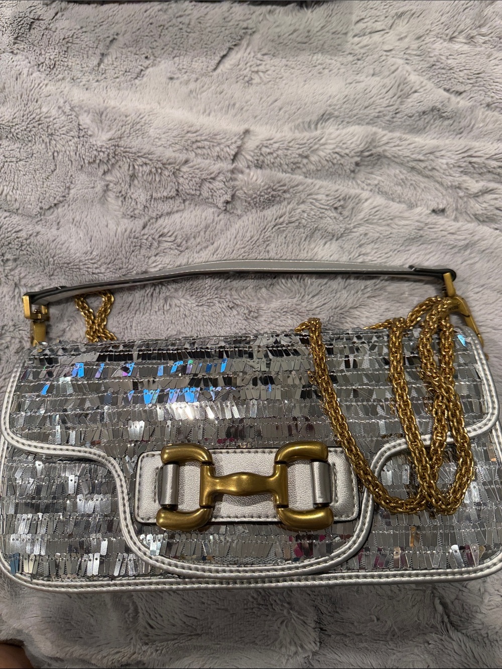 BIBILOU Metallic Silver Sequin Shoulder Bag with Gold Chain and Leather Strap